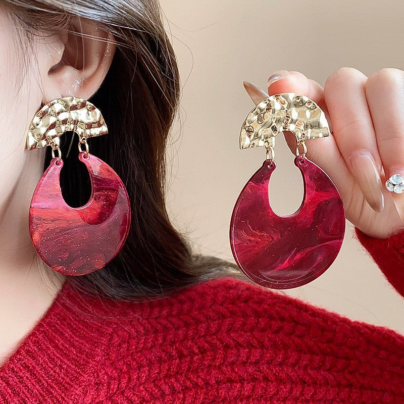 Red Marble Crescent Drop Earrings
