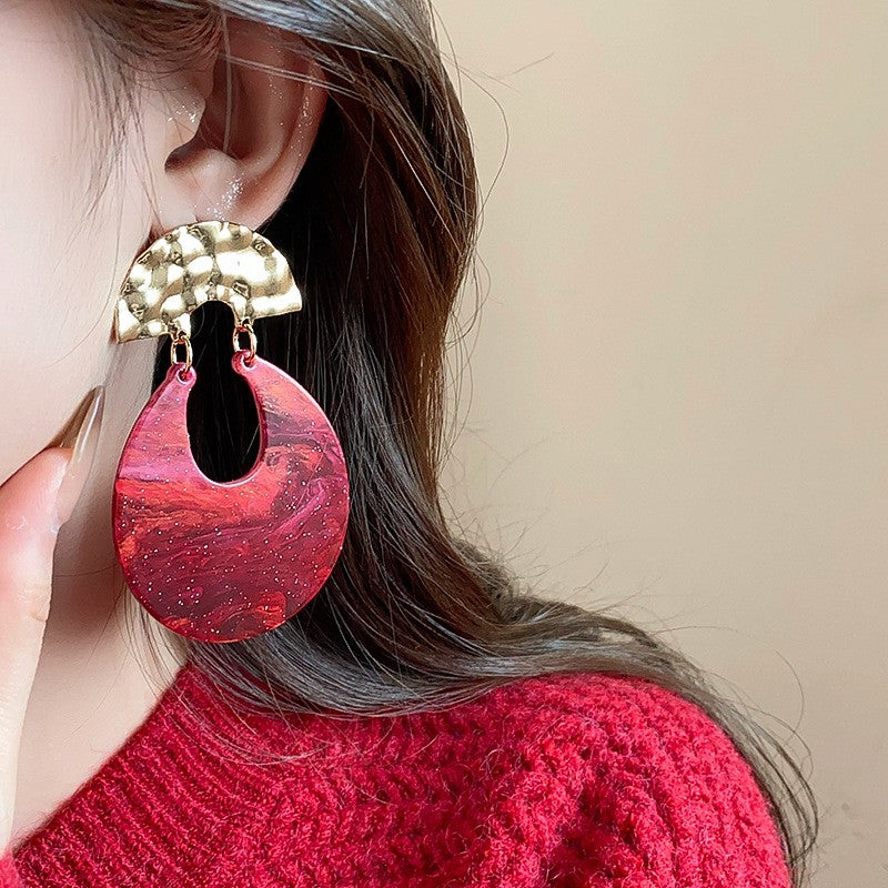 Red Marble Crescent Drop Earrings