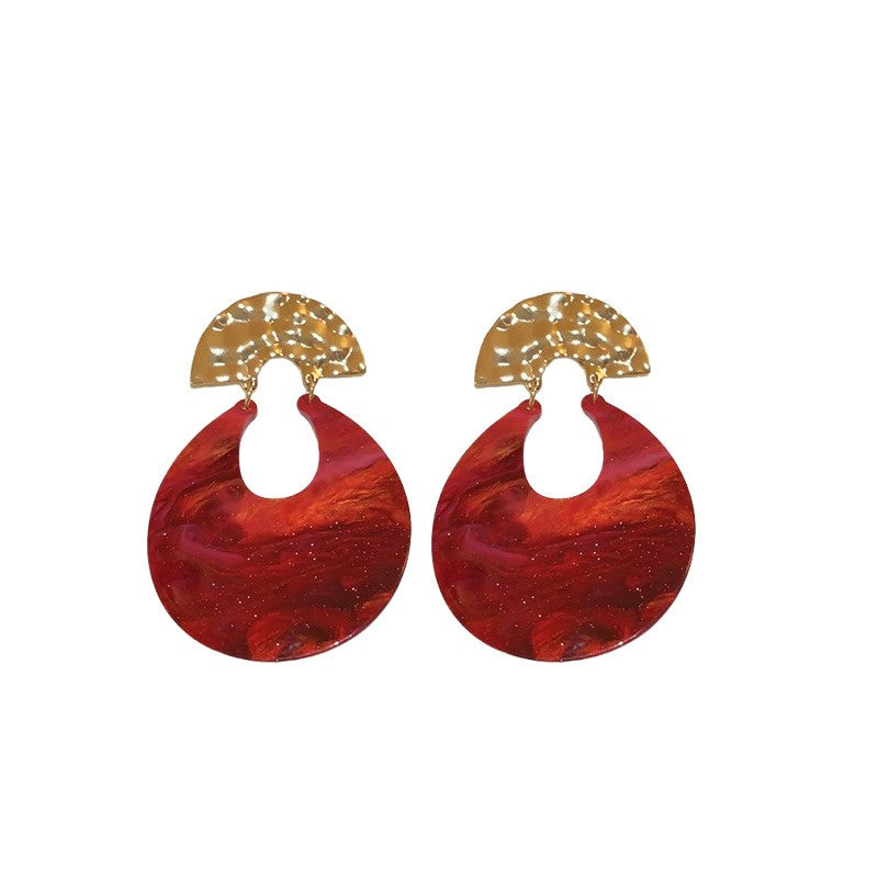 Red Marble Crescent Drop Earrings