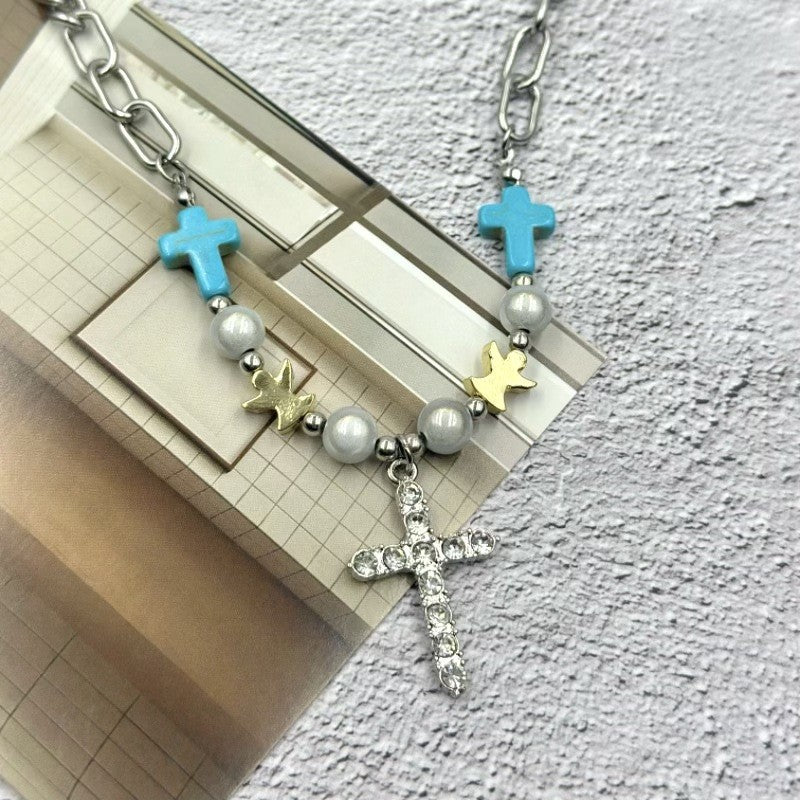 Blue Cross & Pearl Charm Necklace