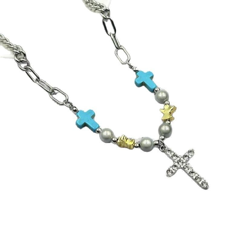 Blue Cross & Pearl Charm Necklace