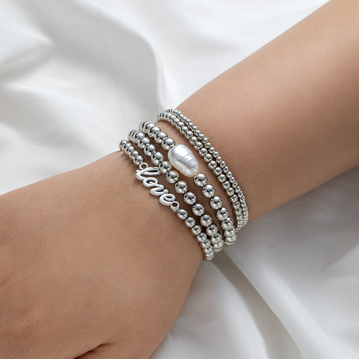 Love Script & Pearl Beaded Bracelet Set