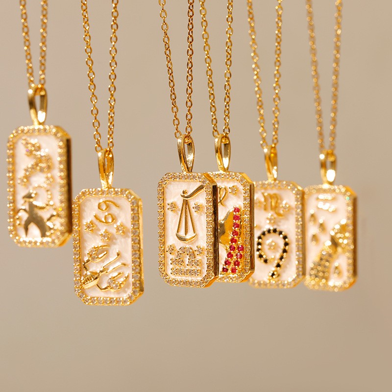 Zodiac Crystal Rectangular Pendant Necklace