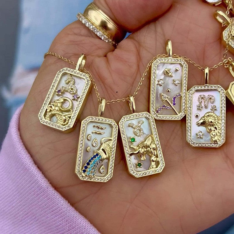 Zodiac Crystal Rectangular Pendant Necklace