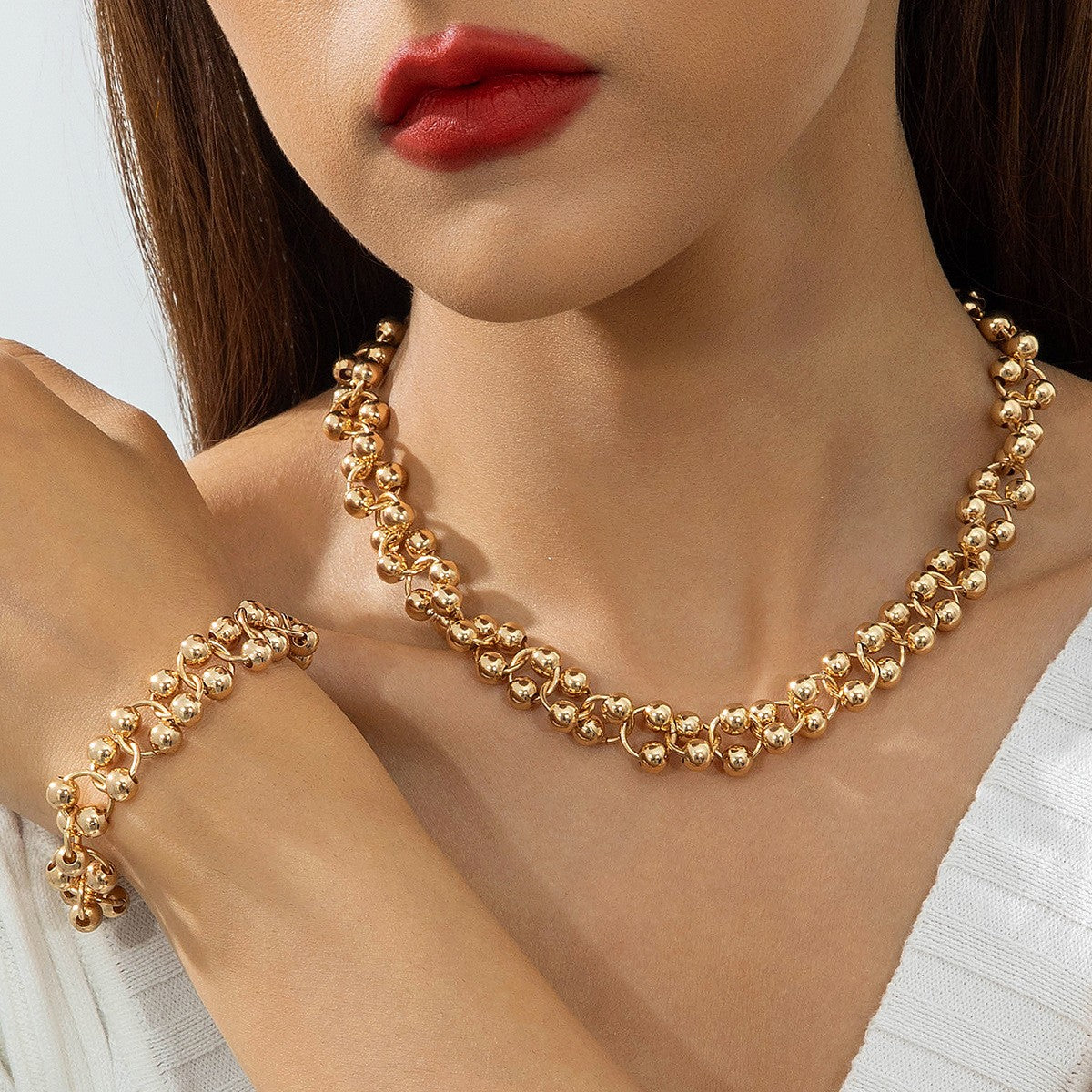Round Bead Link Necklace & Bracelet Set