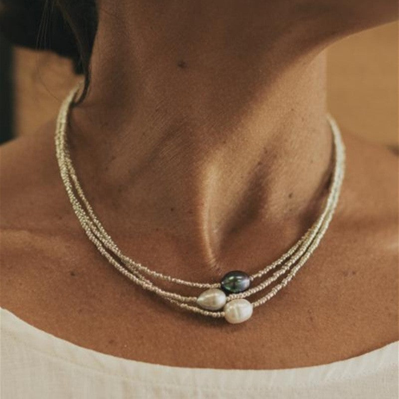 Layered Beaded Pearl Strand Necklace