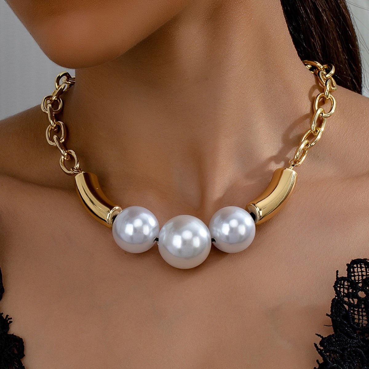 Curved Bar Triple Pearl Necklace