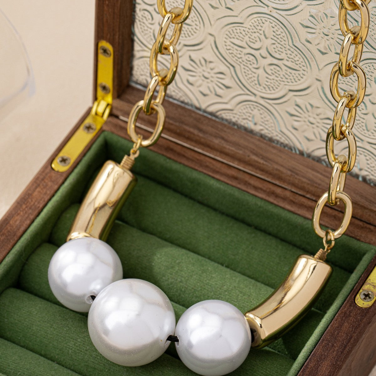Curved Bar Triple Pearl Necklace