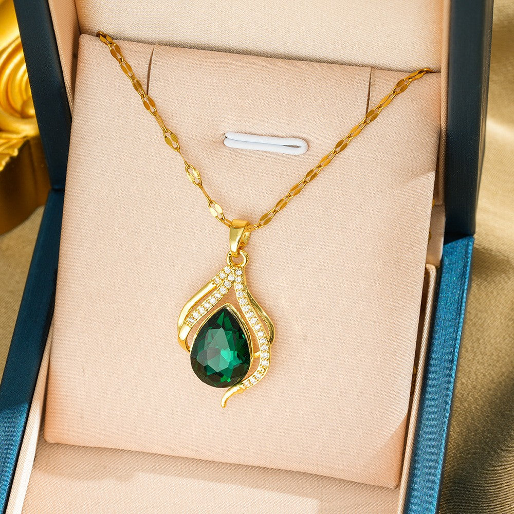 Green Crystal Charm Pendant Necklace