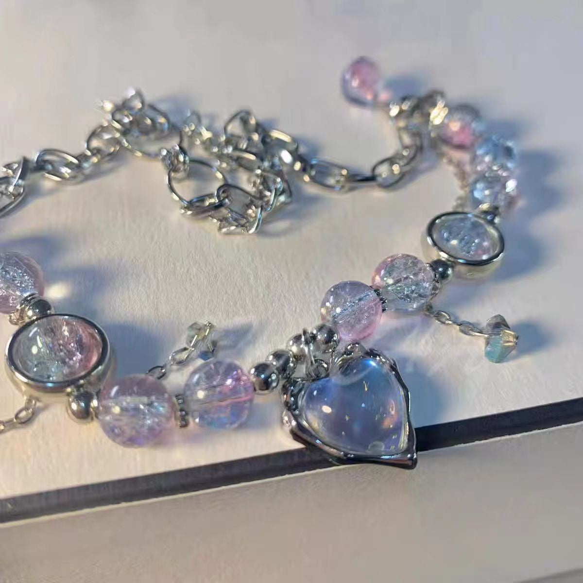 Iridescent Bead Heart Charm Bracelet