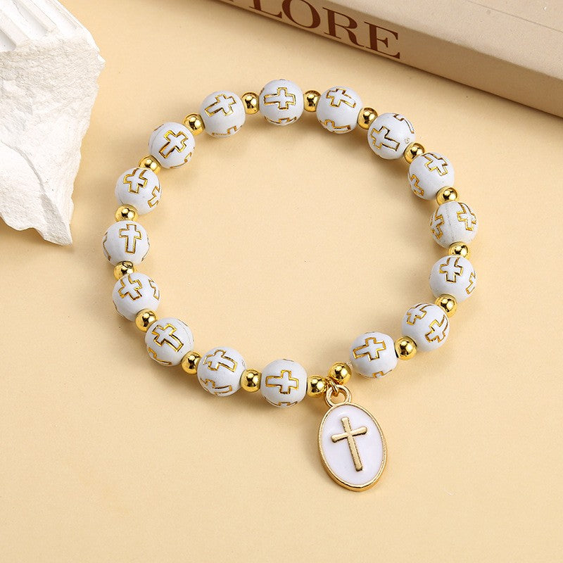 White Cross Bead & Oval Charm Bracelet Set