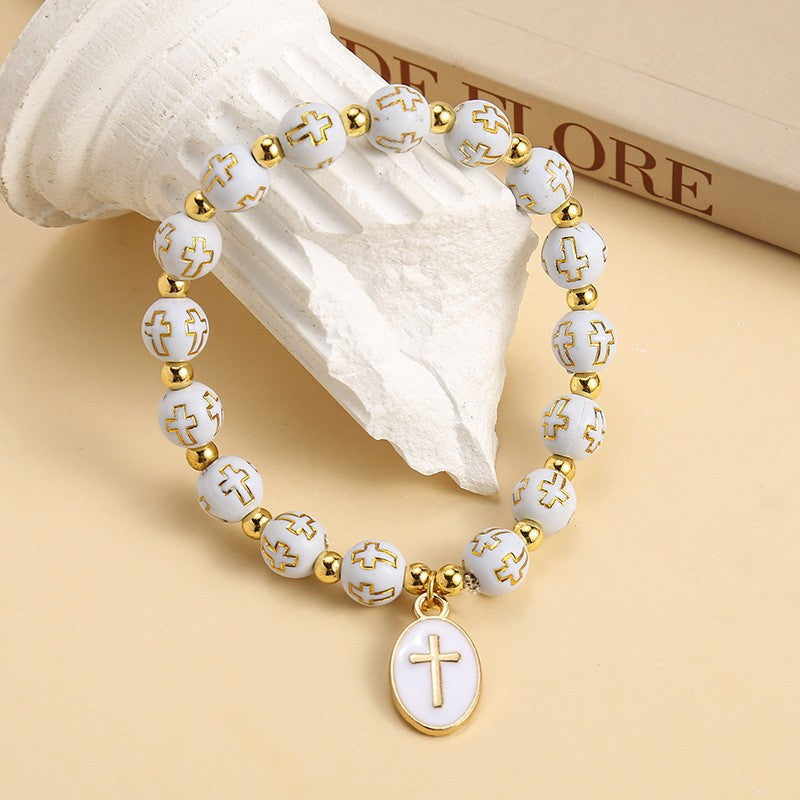 White Cross Bead & Oval Charm Bracelet Set