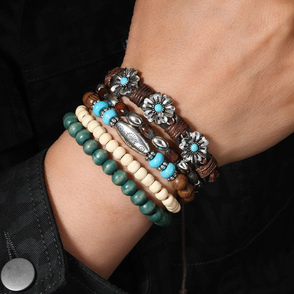 Wood Bead & Floral Charm Bracelet Set