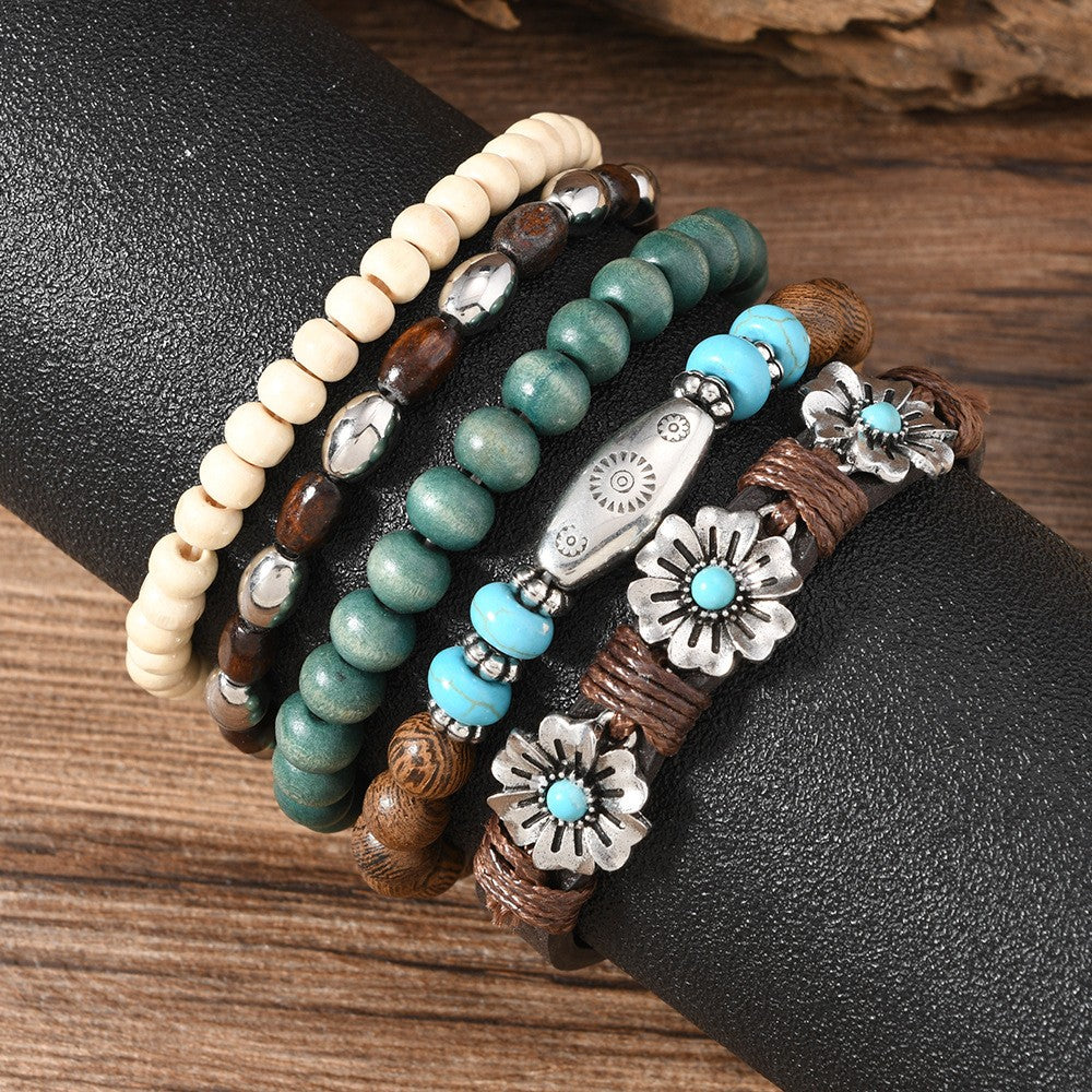 Wood Bead & Floral Charm Bracelet Set