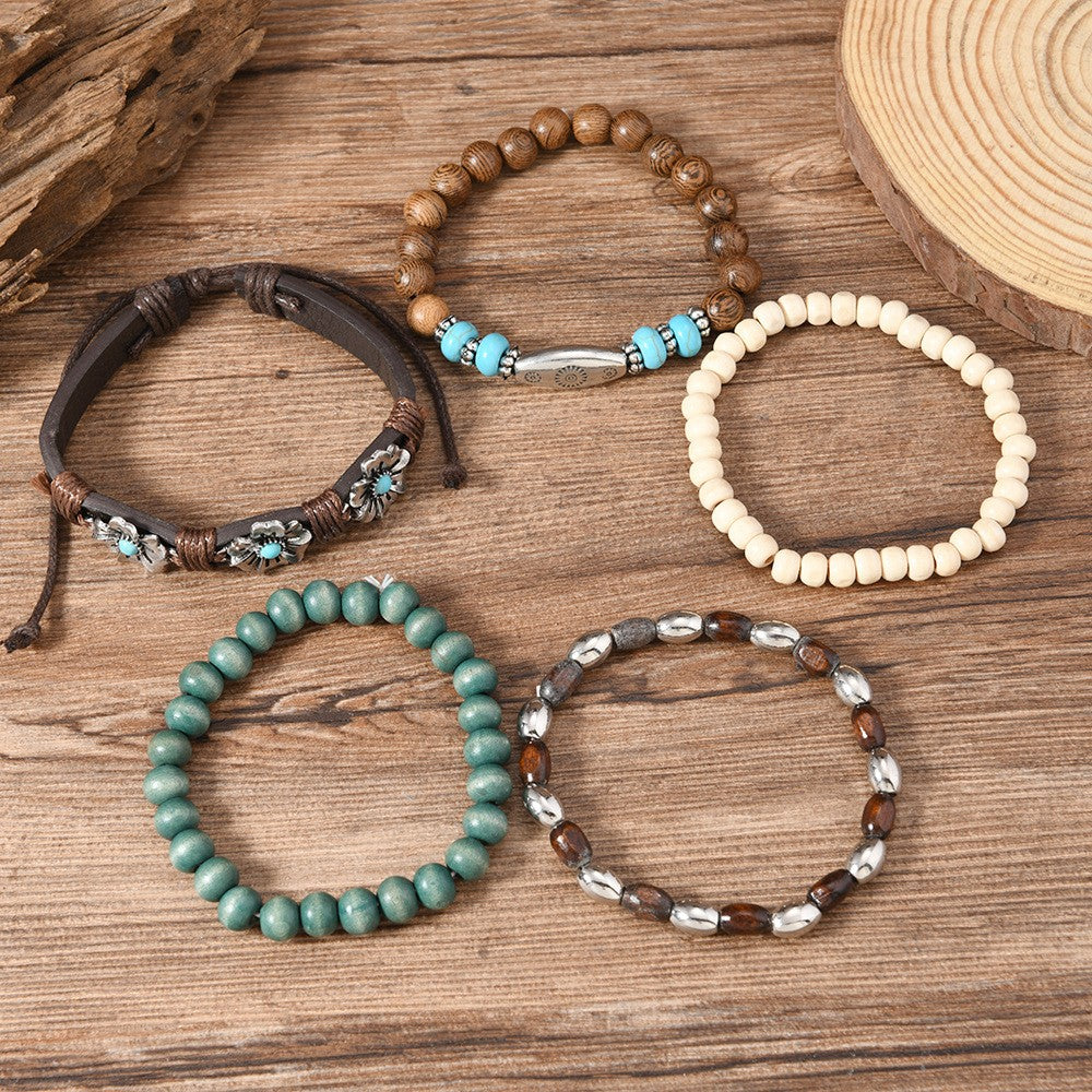 Wood Bead & Floral Charm Bracelet Set