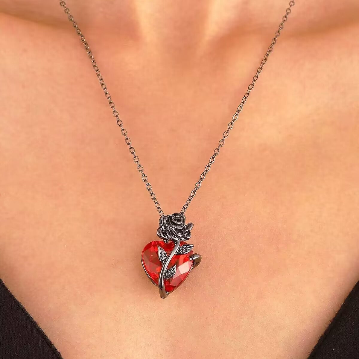 Red Crystal Rose Heart Necklace
