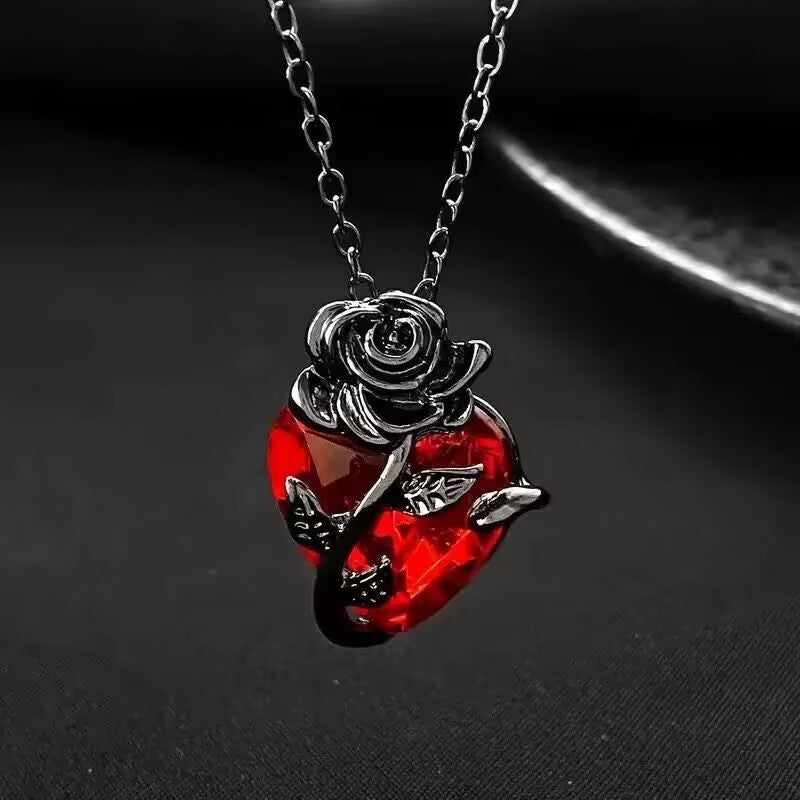 Red Crystal Rose Heart Necklace