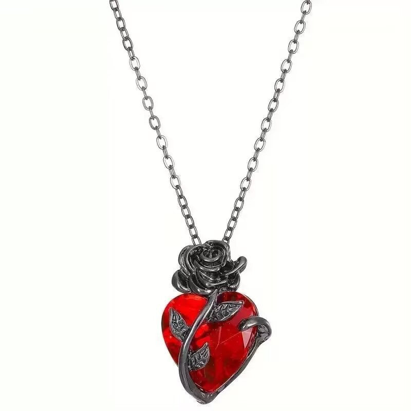 Red Crystal Rose Heart Necklace