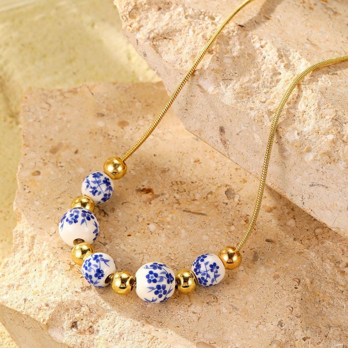 Blue Floral Bead Chain Necklace