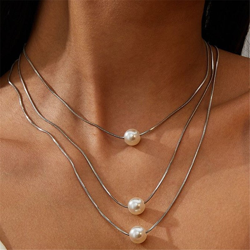 Triple Layered Snake Chain Pearl Necklace