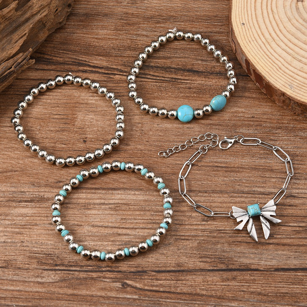 Turquoise Bead & Sunburst Charm Bracelet Set