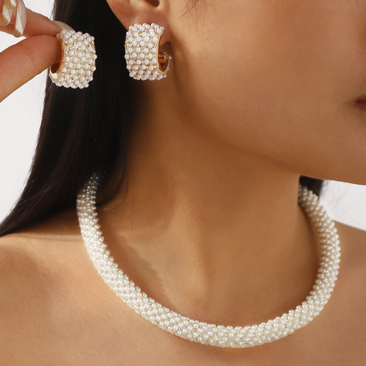 Pave Pearl Huggie Earring & Necklace Set