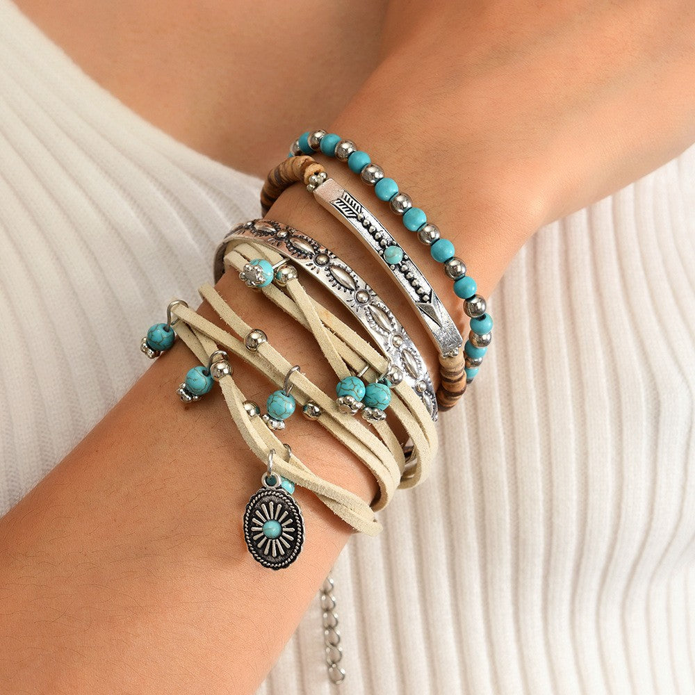 Turquoise Bead & Leather Wrap Bracelet Set