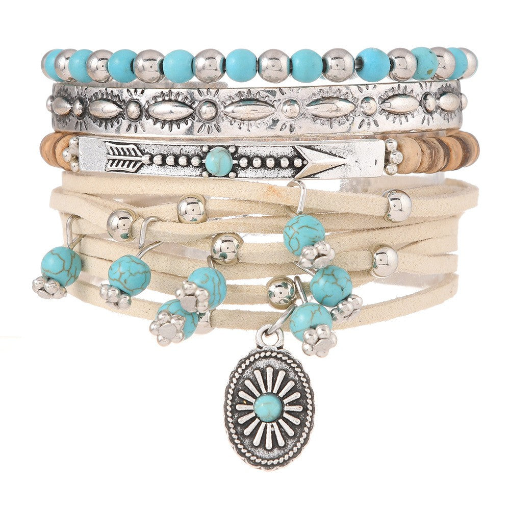 Turquoise Bead & Leather Wrap Bracelet Set