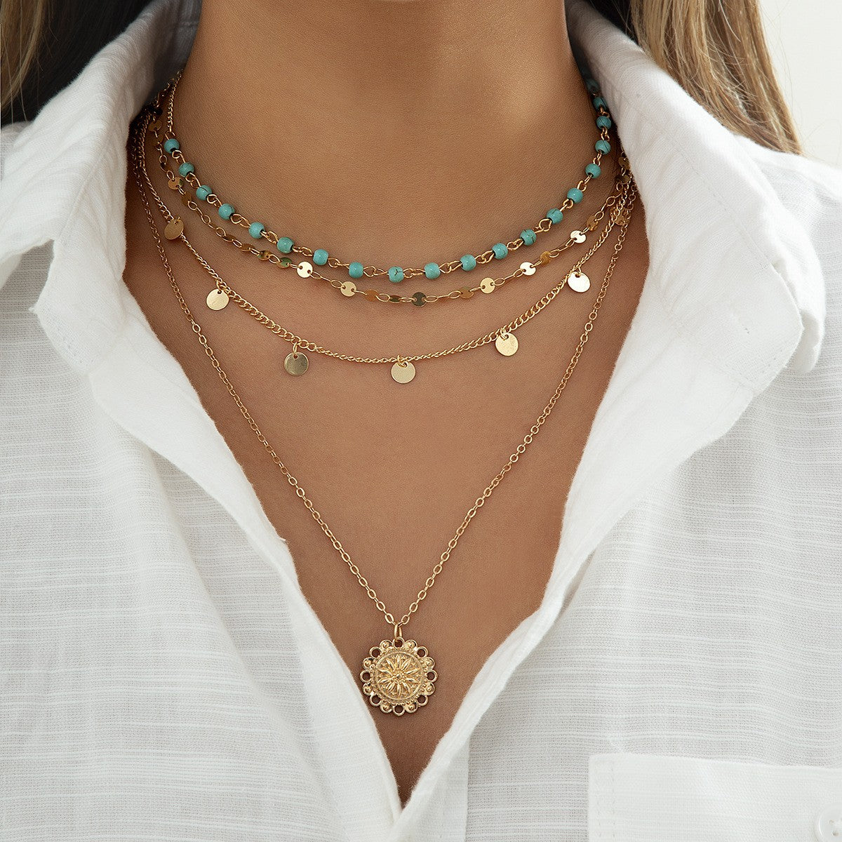 Turquoise Coin Layered Necklace
