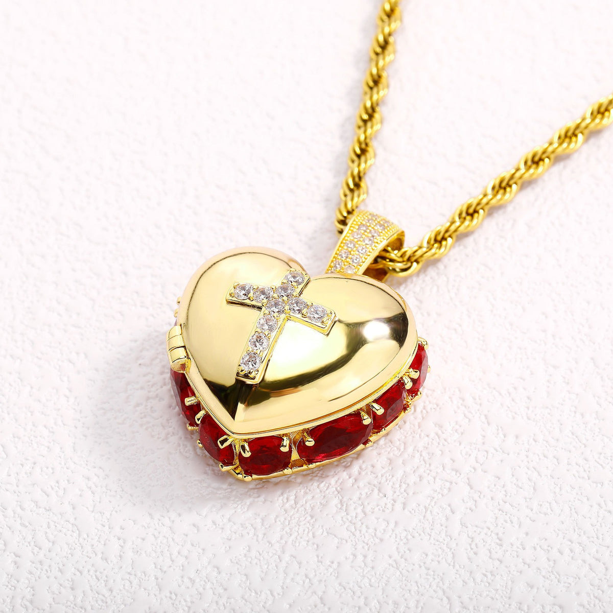 Red Stone Heart Cross Locket Necklace