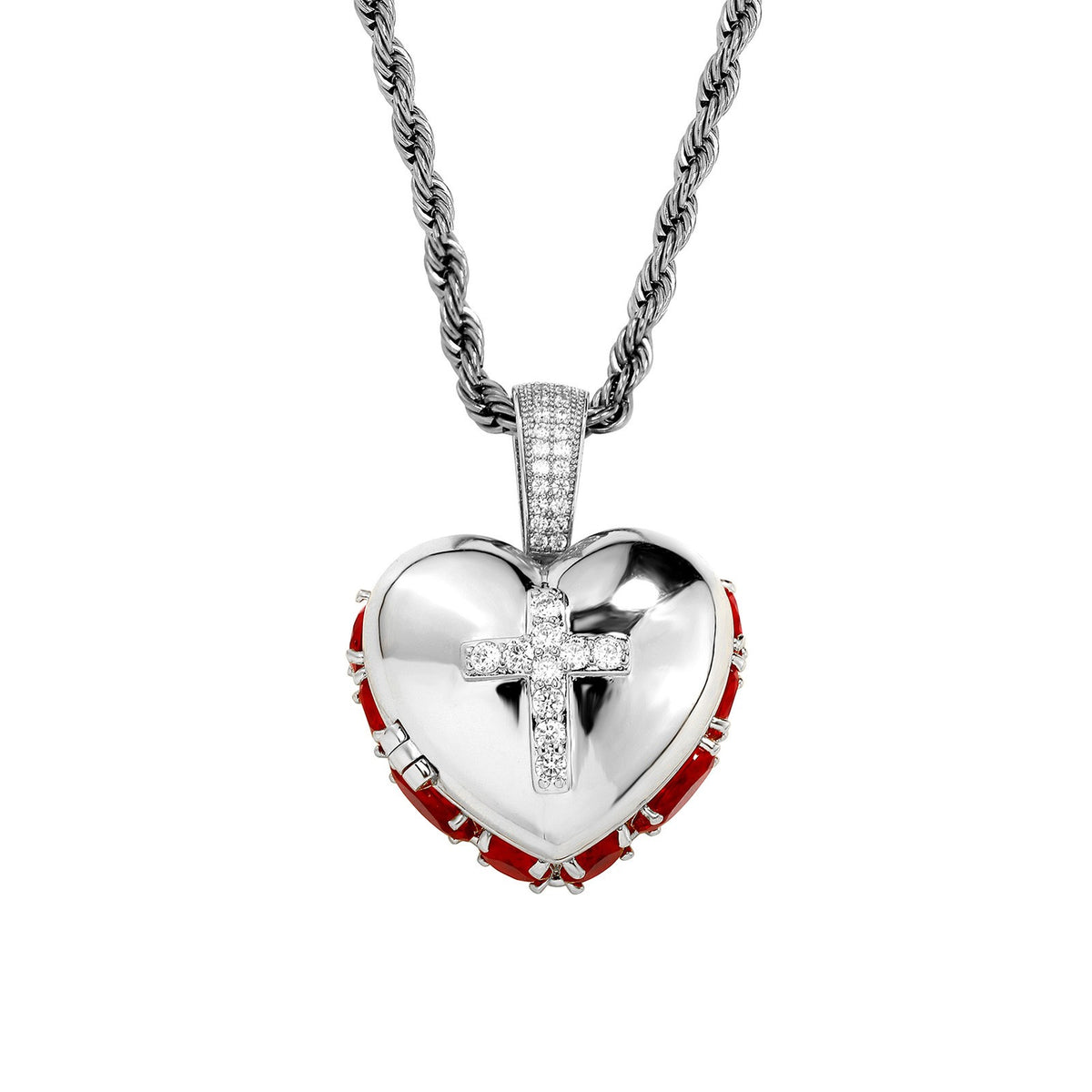 Red Stone Heart Cross Locket Necklace