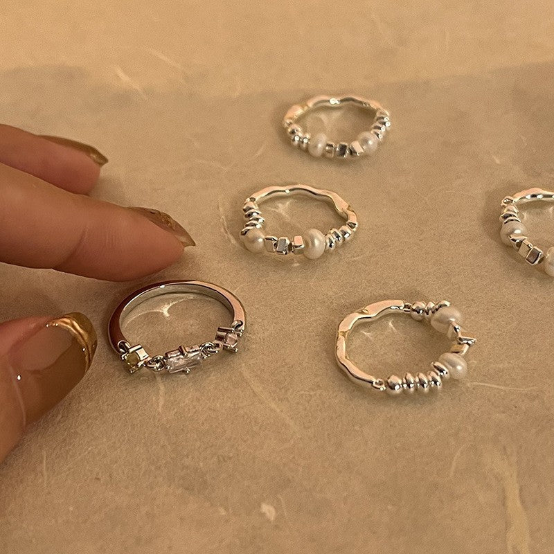 Wavy Bead & Pearl Ring Set
