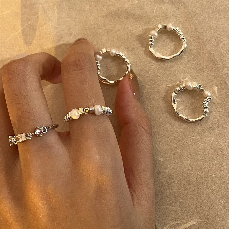 Wavy Bead & Pearl Ring Set