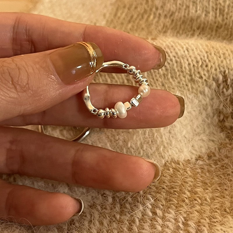 Wavy Bead & Pearl Ring Set