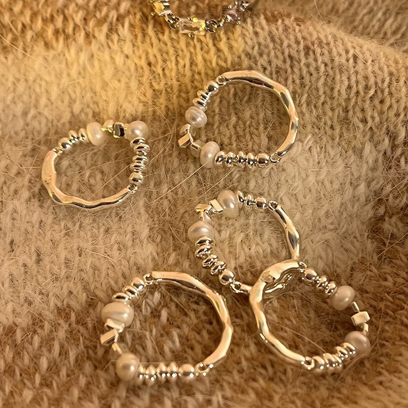 Wavy Bead & Pearl Ring Set