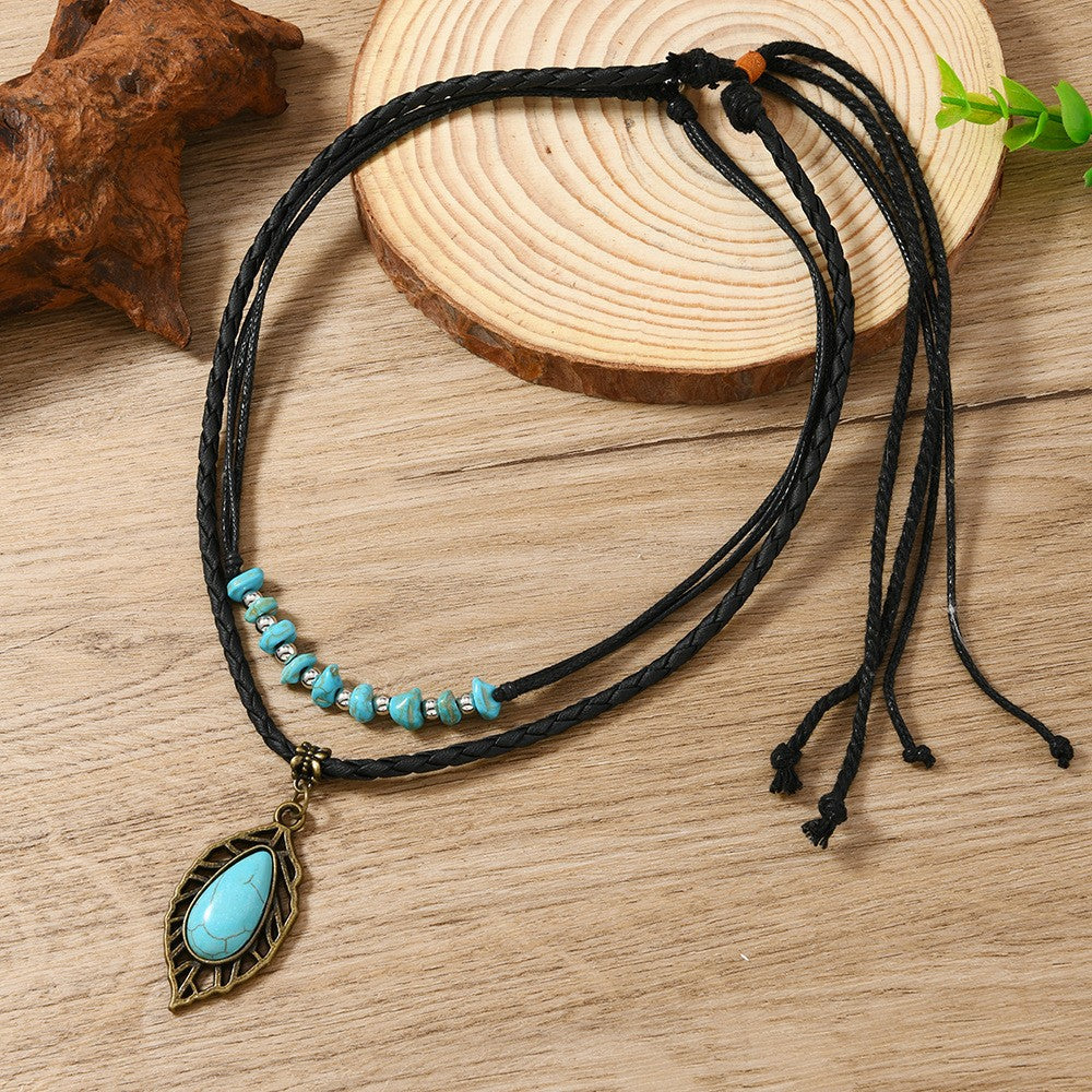 Turquoise Leaf & Bead Layered Necklace Set