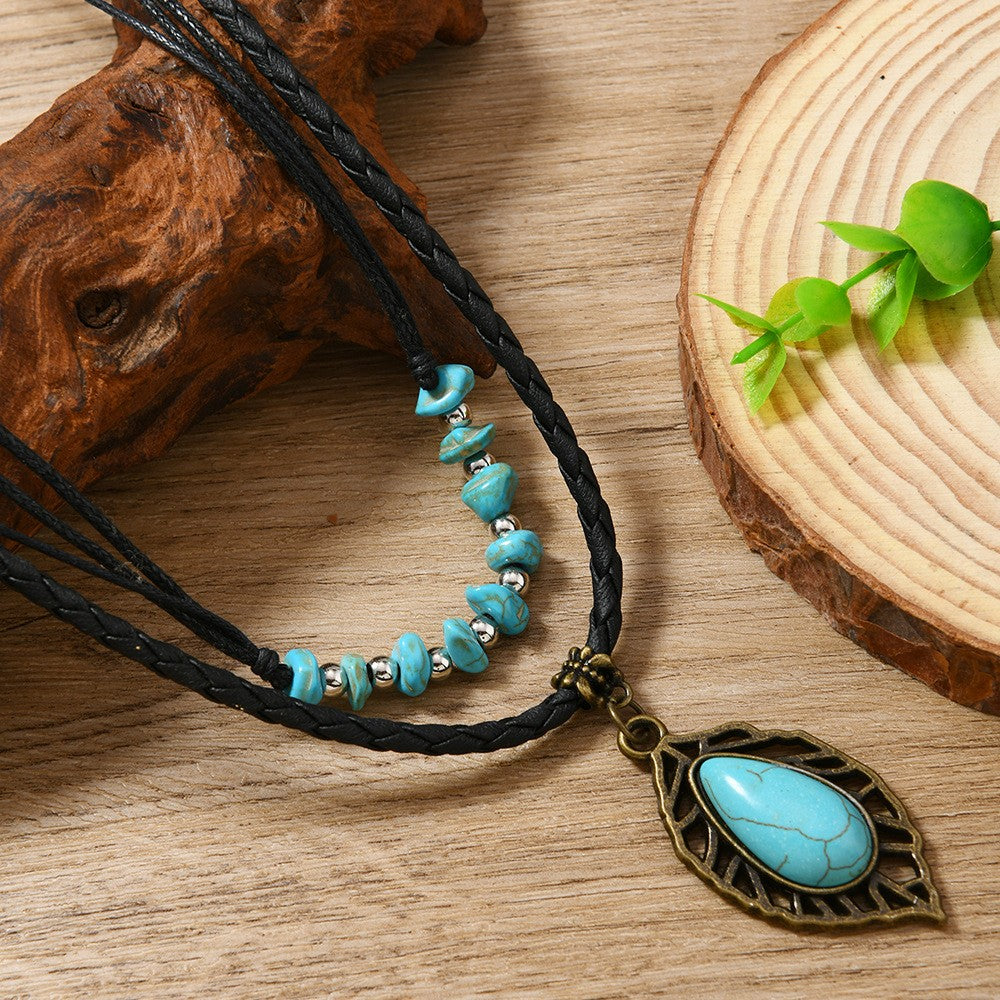 Turquoise Leaf & Bead Layered Necklace Set