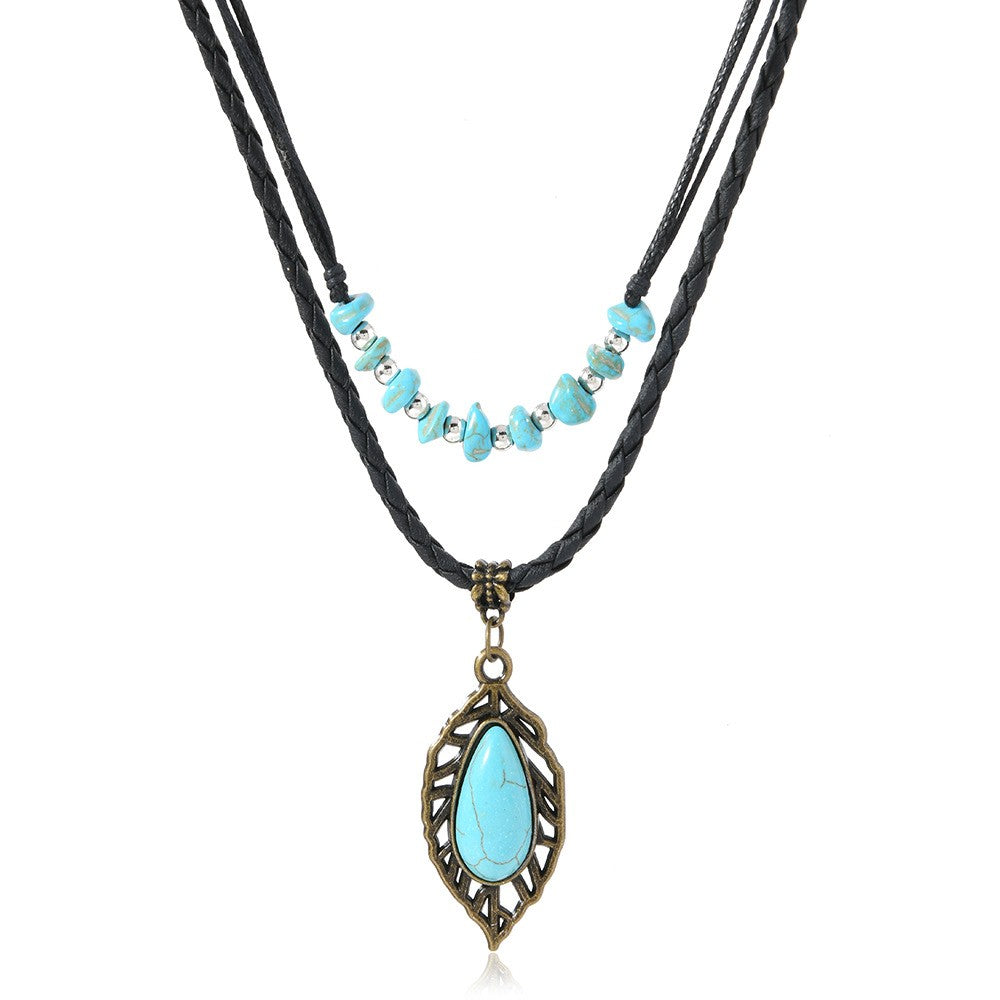 Turquoise Leaf & Bead Layered Necklace Set