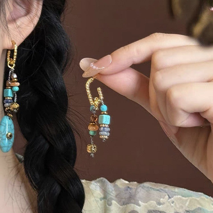 Asymmetric Turquoise & Amber Bead Drop Earrings