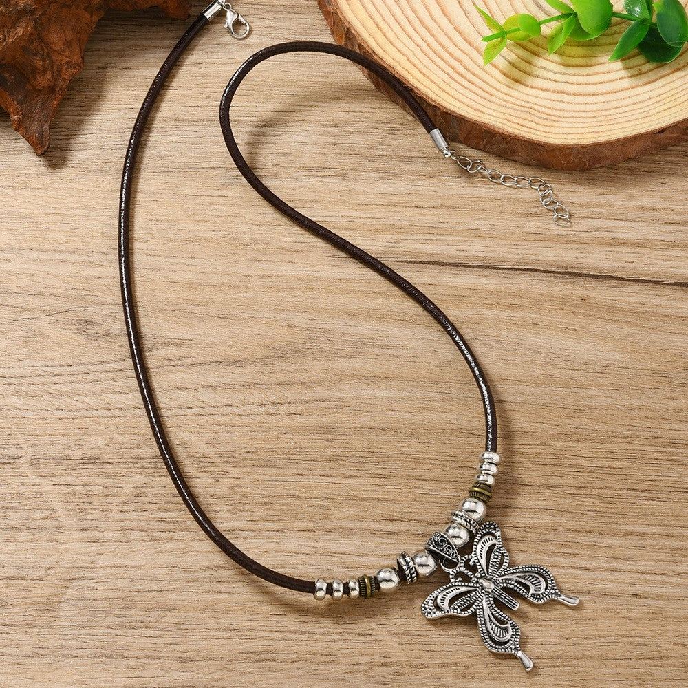 Butterfly Pendant Leather Cord Necklace