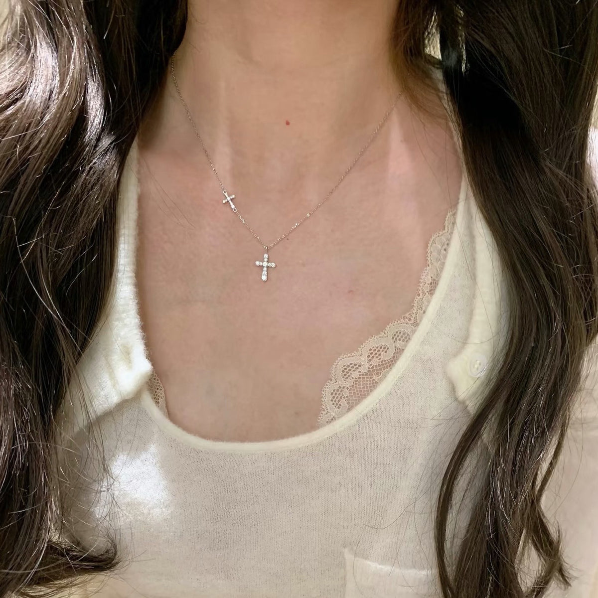 Rhinestone Offset Cross Necklace