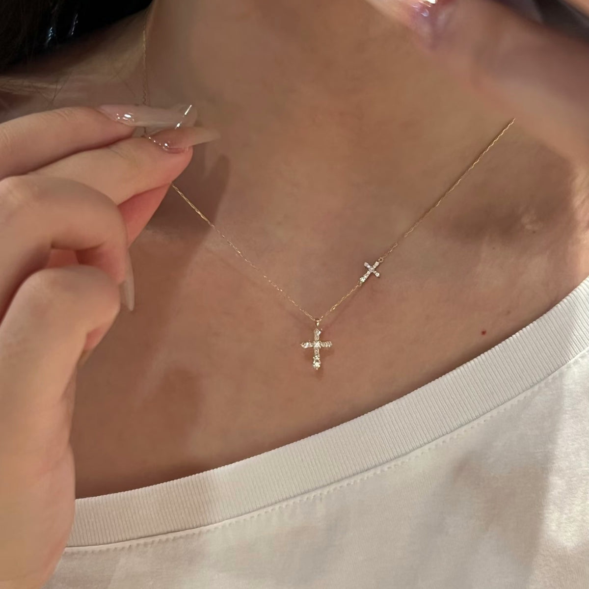 Rhinestone Offset Cross Necklace