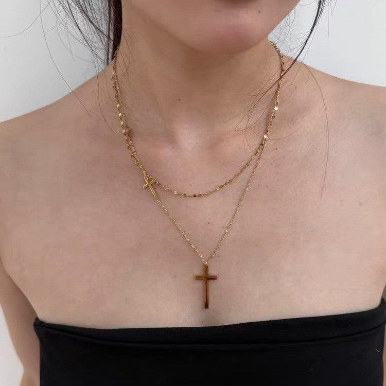 Layered Cross & Diamond Cut Chain Necklace