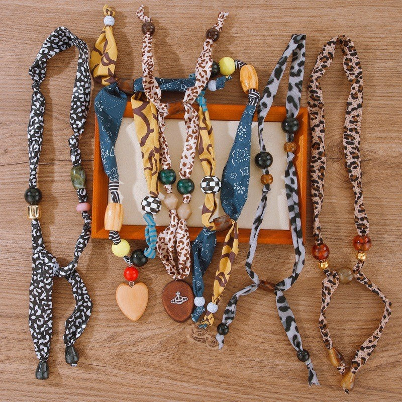 Mixed Print Beaded Scarf Necklace