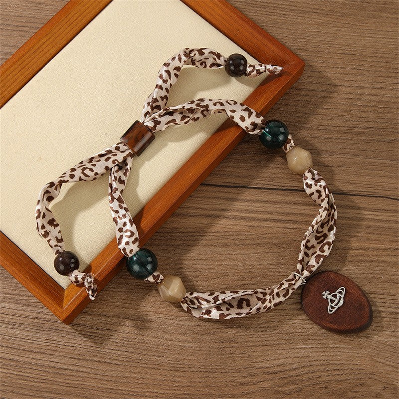 Mixed Print Beaded Scarf Necklace