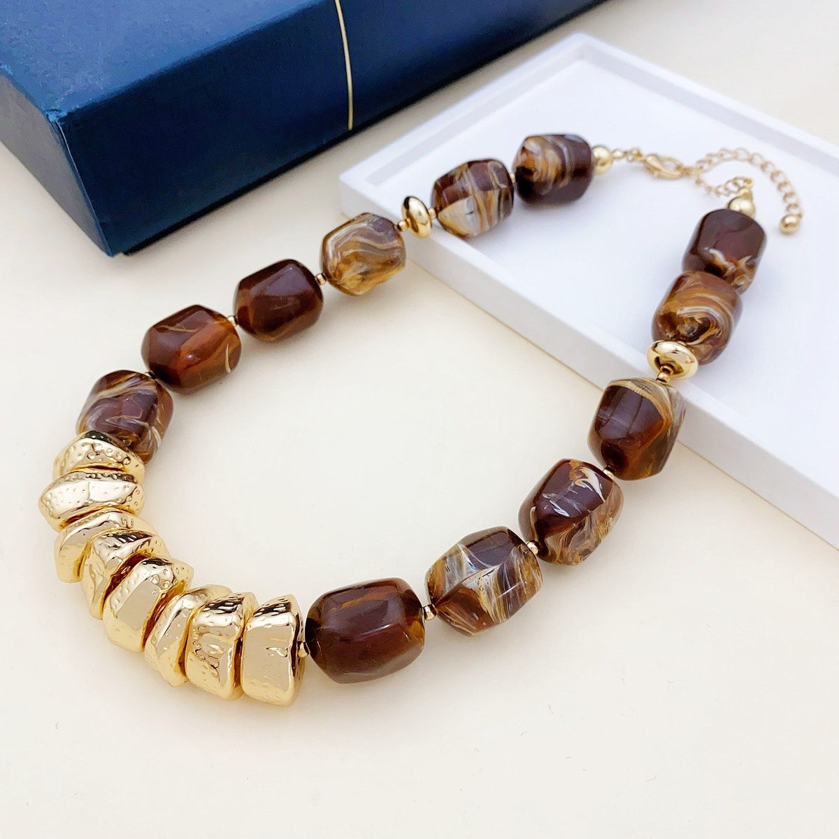 Marbled Bead & Gold Accent Necklace