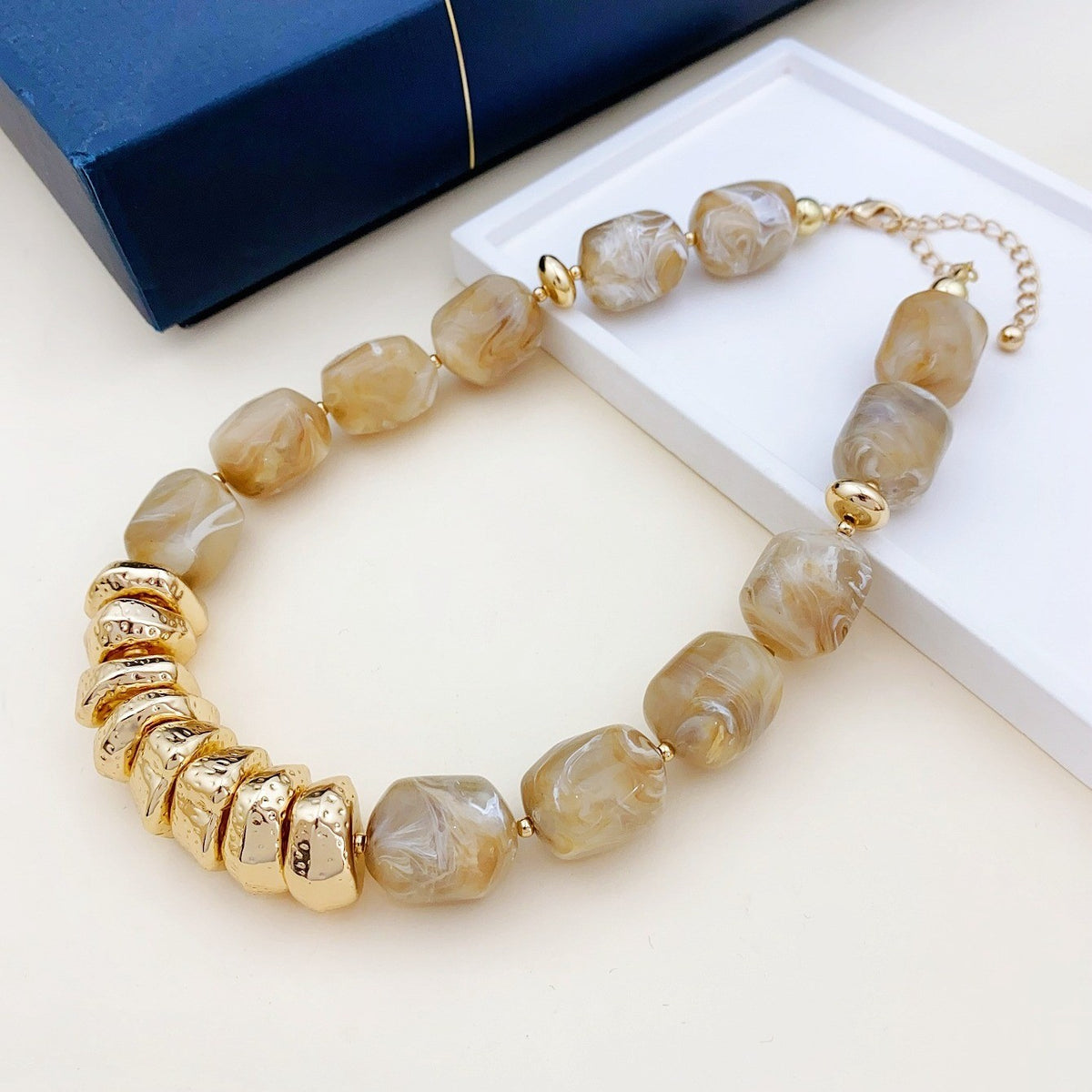 Marbled Bead & Gold Accent Necklace