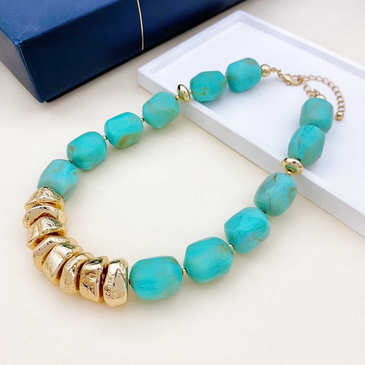 Marbled Bead & Gold Accent Necklace
