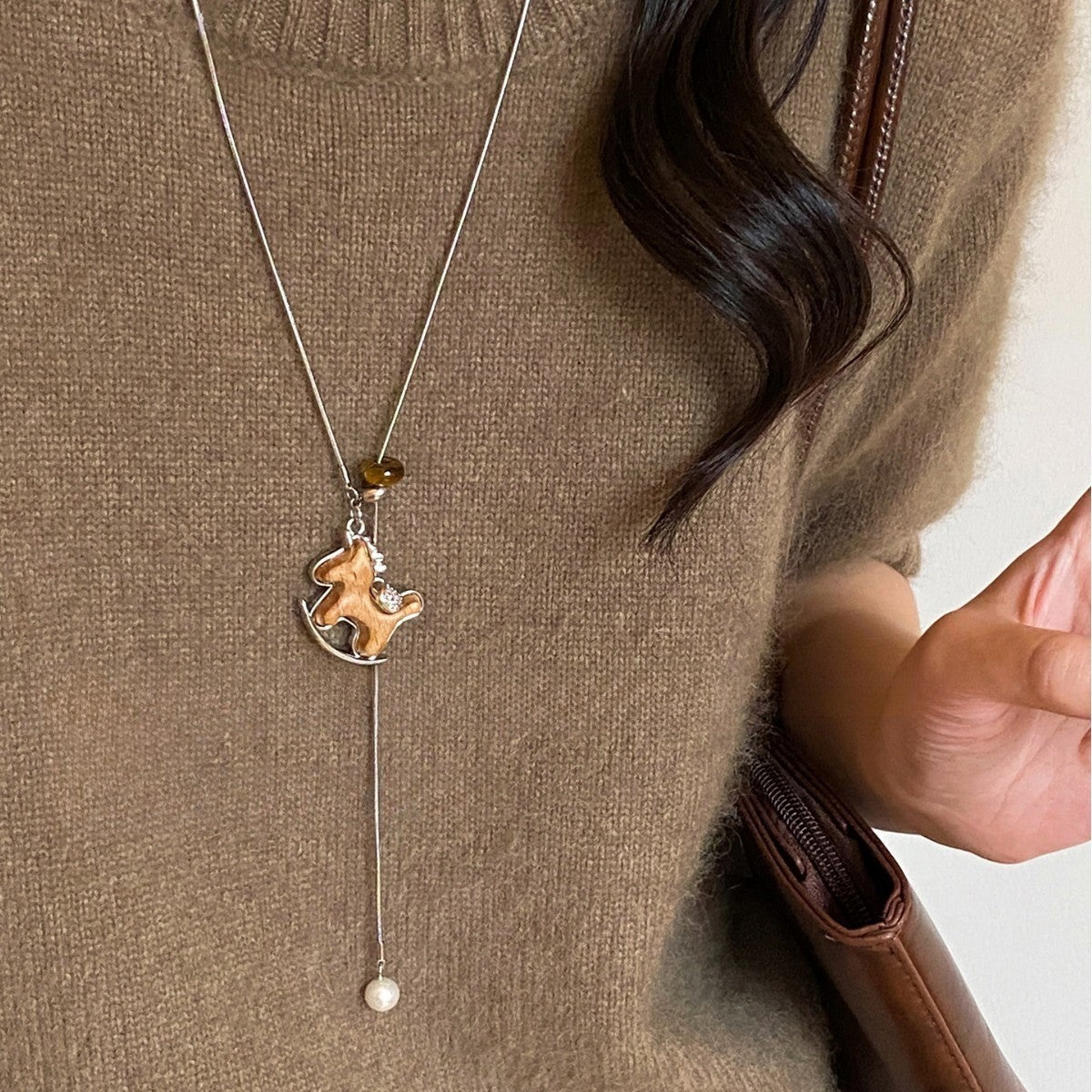 Wooden Horse Lariat Necklace