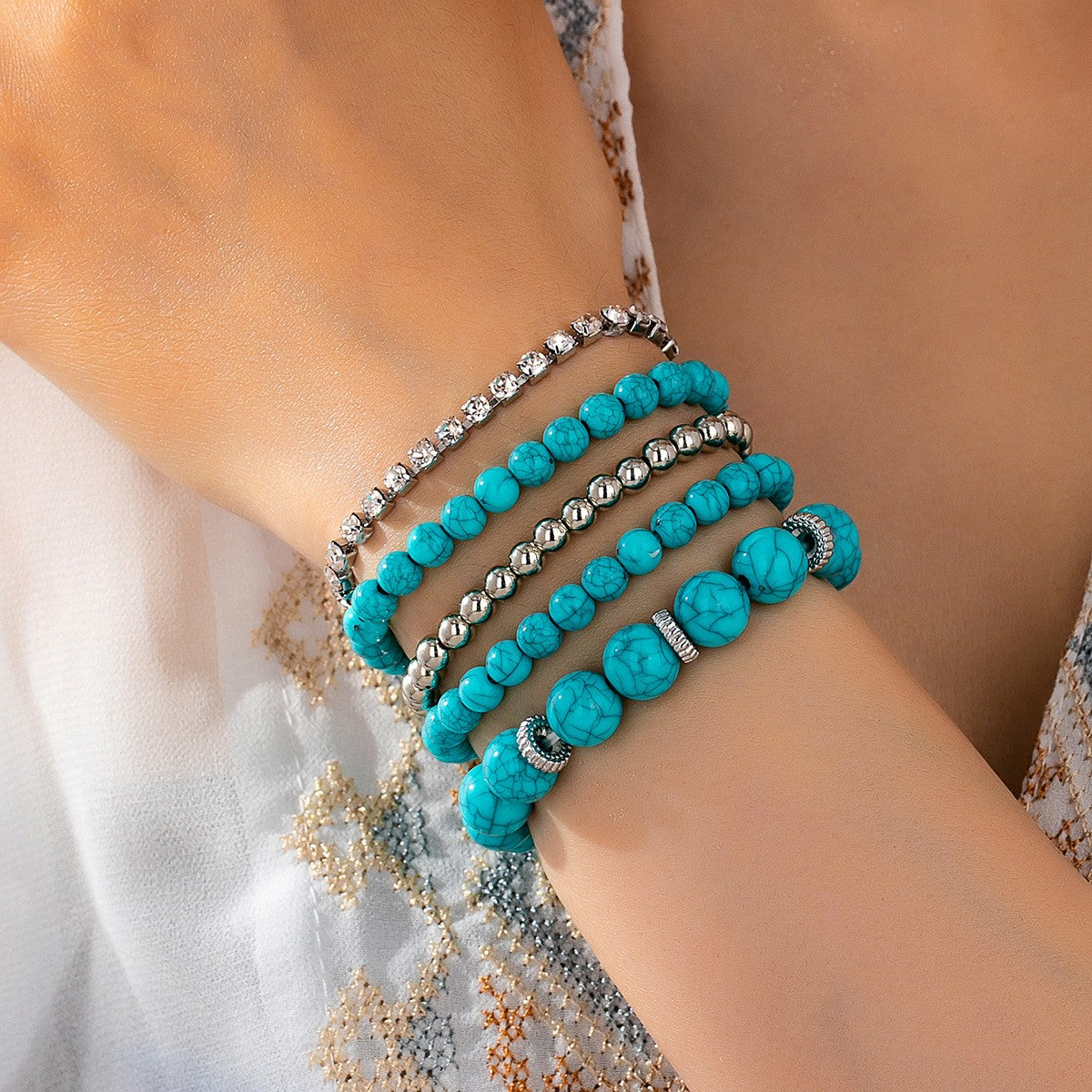 Turquoise & Crystal Bead Stack Bracelet Set